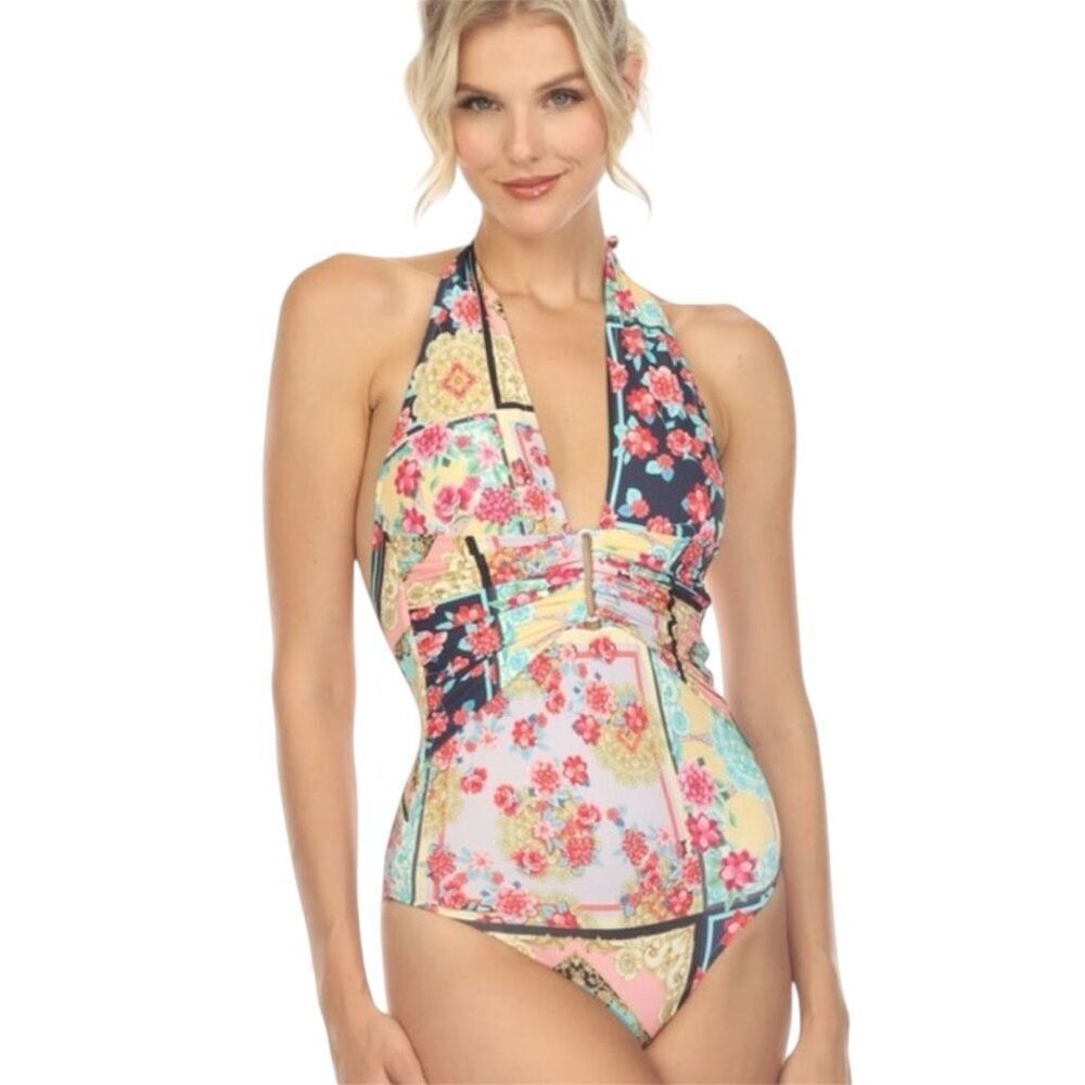 NWT- JOHNNY WAS JAPER PLUNGE ONE PIECE SWIMSUIT-SIZE SMALL- COLORFUL PATCHWORK P
